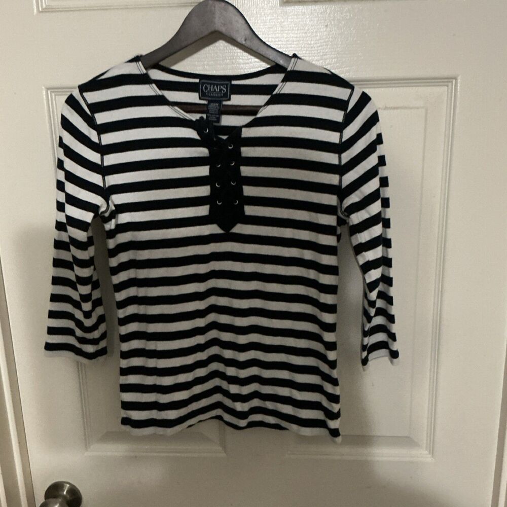 Chaps Striped Lace Up Cotton Knit Round Neck Top Black White 3/4 Sleeve M